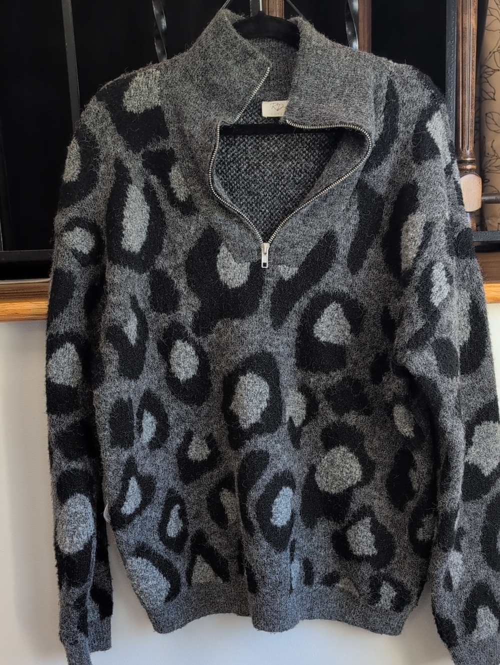RD Style Black and Gray Leopard Half-Zip Turtleneck Sweater